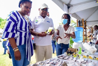 Tourism Minister, Hon. Edmund Bartlett (centre) and Permanent Secretary in the Tourism Ministry, Jennifer Griffith (left), are shown displays manufactured by Glo Coffee Products by company owner Ano Sewell, during last year’s staging of the Jamaica Blue Mountain Coffee Festival Marketplace at Devon House in Kingston.