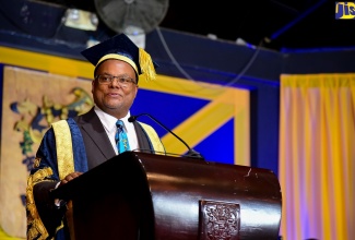 Newly installed Chancellor of the University of Technology (UTech) Jamaica, Lloyd Carney, speaking during his installation ceremony at the institution’s campus in Papine, St. Andrew, on February 13. 