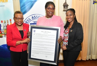 Chief Executive Officer (CEO), Jamaica Information Service (JIS), Enthrose Campbell (left),  with Supervisor/Senior Photo Librarian at the agency, Maxine Shrouder (centre), holding her framed citation, and Special Projects Manager, JIS, Andrine Davidson. Event was the Press Association of Jamaica (PAJ)  Veterans’ luncheon on Wednesday (February 1), at the Alhambra Inn in Kingston.