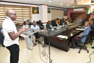 Minister of Agriculture and Fisheries, Hon. Pearnel Charles Jr., speaks at a press briefing held recently at the Ministry’s offices in Kingston.