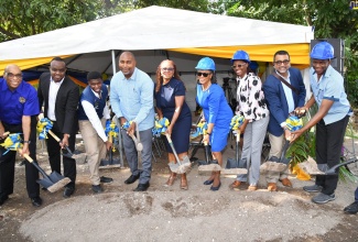 Education Officer, Ministry of Education and Youth, Hazel Masters Williams (third right), joins Principal, Ardenne High School, Nadine Molloy (fourth right) and Chairman, Ardenne Alumni Foundation, Flo Darby (centre), to symbolically break ground for the Ardenne High School Health and Wellness Centre, in St. Andrew, on  February 8.  Others taking part (from left) are Foundation Director, Toronto Chapter, Hall of Famer, Paul Barnett; President of the Alumni Association, Jermaine Heslop; President, Student Council, Ardenne High,  Marlon Mattison; Member of Parliament, St. Andrew South Eastern, Julian Robinson; Immediate Past President of the Ardenne High School Parent-Teacher Association, Dr. Winston De La Haye; and Executive Chairman of the Church of God in Jamaica, Rev. Adinhair Jones.