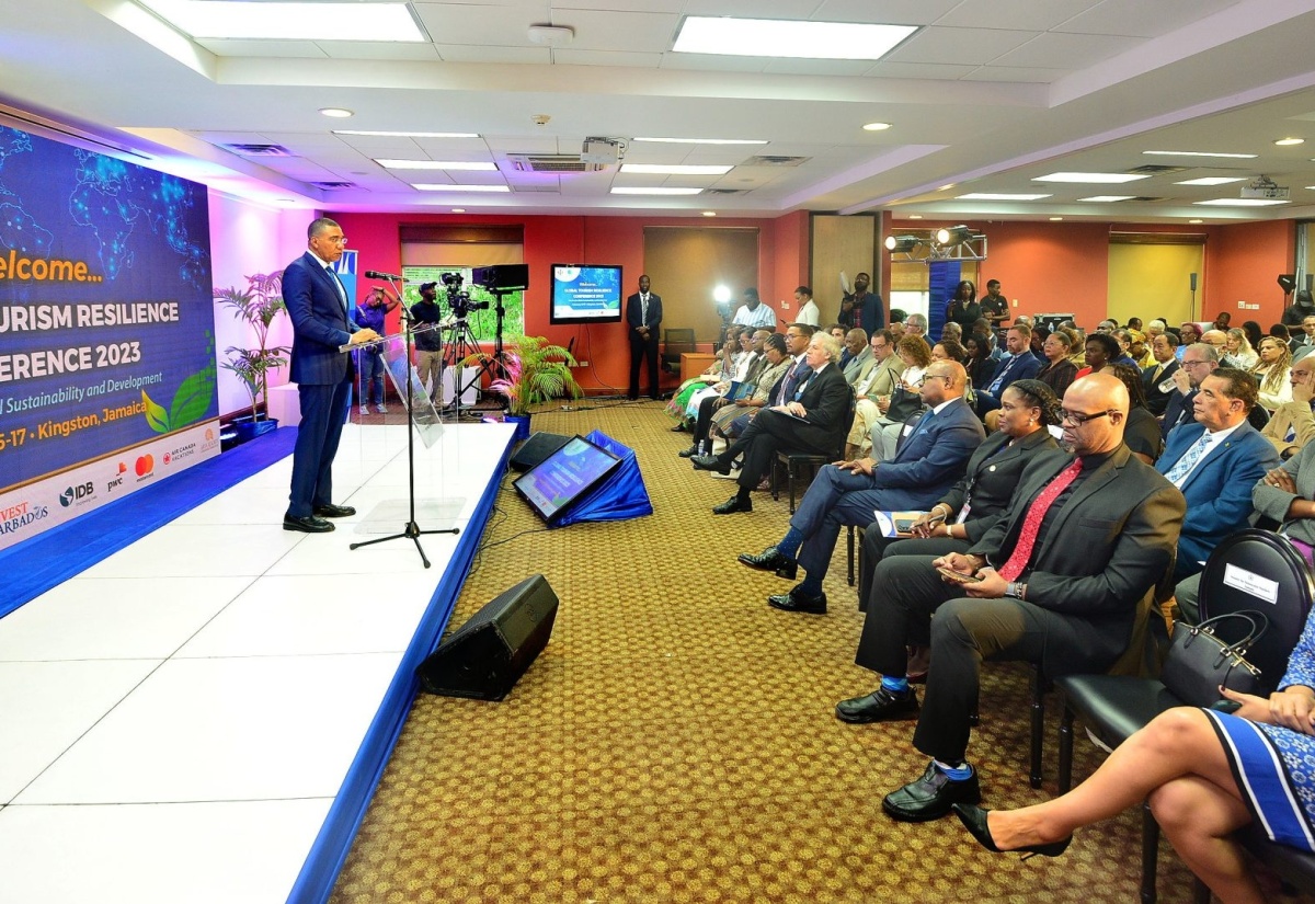 Prime Minister, the Most Hon. Andrew Holness, addresses the opening ceremony for the Global Tourism Resilience Conference 2023, at the University of the West Indies (UWI) Regional Headquarters in St. Andrew, on February 15.