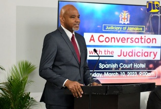 Chief Parish Court Judge, His Honour Chester Crooks, addresses the media during a ‘Conversation with the Judiciary’ forum, held at the Spanish Court Hotel in Kingston, on Friday (March 10). 