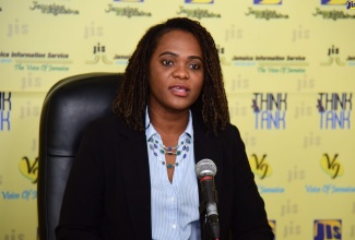 Senior Protected Disclosures Officer, Information and Complaints Division, Integrity Commission, Tanesha Fagan, speaking during a Jamaica Information Service (JIS) ‘Think Tank’ on Thursday (April 27), at the Agency’s head office in Kingston.