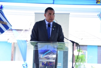 Prime Minister, the Most Hon. Andrew Holness, addressing the launch ceremony for Up-Cycled Container Homes at the Kingston Logistics Centre at Newport West on Wednesday (April 19).