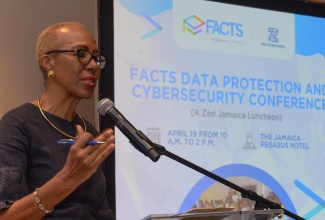 Minister of Education and Youth, Hon. Fayval Williams, addresses Zed Technologies Cybersecurity and Data Protection Conference, held on April 19 at The Jamaica Pegasus hotel in New Kingston.