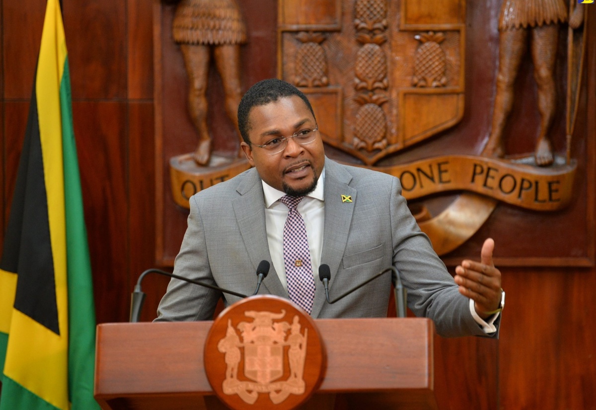 Minister without Portfolio in the Office of the Prime Minister, with Responsibility for Information, Hon. Robert Morgan, addresses a post-Cabinet Press Briefing at Jamaica House in Kingston, on Wednesday (April 12). 