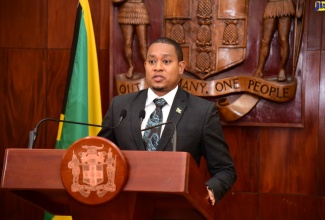 Minister without Portfolio in the Office of the Prime Minister, Hon. Floyd Green, addressing today’s (May 17) post-Cabinet press briefing at Jamaica House in St. Andrew. 