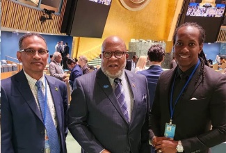 Minister of State in the Ministry of Foreign Affairs and Foreign Trade, Hon. Alando Terrelonge (right), along with Jamaica’s Permanent Representative to the United Nations (UN), Ambassador Brian Wallace (left), and Trinidad and Tobago’s Representative to the UN, Ambassador Dennis Francis, at the UN General Assembly in New York on Thursday (June 1). Ambassador Francis has been elected President of the UN’s upcoming 78th General Assembly.