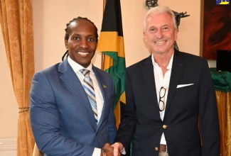 Minister of State in the Ministry of Foreign Affairs and Foreign Trade, Hon. Alando Terrelonge (left), greets Chief Executive Officer of Bamboo Bioproducts, David Stedeford, at a recent meeting with business interests in the United Kingdom (UK), at the Jamaican High Commission in London.