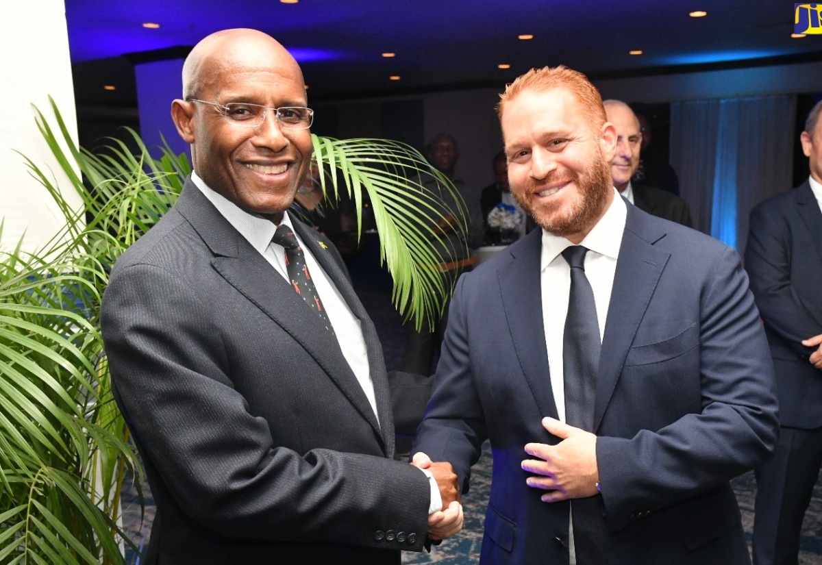 Minister of Industry, Investment and Commerce, Senator the Hon. Aubyn Hill (left), with Chief Executive Officer, ANSA McAL Group of Companies, Anthony N. Sabga III, during a reception hosted by the company for local business stakeholders on Thursday (July 6) at The Jamaica Pegasus hotel in New Kingston.