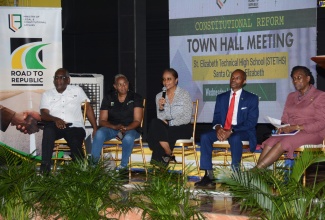 Minister of Legal and Constitutional Affairs, Hon. Marlene Malahoo Forte (centre), addresses a constitutional reform town hall at the St. Elizabeth Technical High School (STETHS) in Santa Cruz on Wednesday (July 26). She is joined by members of the Constitutional Reform Committee (CRC) (from left) representative of the wider faith-based society, Dr. David Henry; Chair of the National Committee on Reparations, Lalieta Davis Mattis; Co-Chair of the Constitutional Reform Committee, Ambassador Rocky Meade; and Chairman of the Jamaica umbrella group of churches, Dr. Elaine McCarthy.