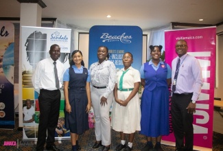 School Staff Advisors along with contestants in the Junior Tourism Minister Competition final (from left) Raymond Bingham and Deja Bremmer – The Manning’s School; Annagay Stone and Yeshima Thompson – Excelsior High School; and Olivia Rodney and Sheldon Haye – José Martí Technical High School.