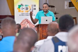 Member of Parliament for Clarendon North Central, Hon. Robert Morgan, emphasises a point, while addressing a Constituency Development Fund (CDF) consultation at Clarendon College on Thursday (September 14).