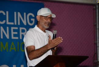 Chairman of Recycling Partners of Jamaica, Dr. Damien King, addresses a bottle drive competition at the company’s Bogue Depot in Montego Bay, St. James, on August 24.
