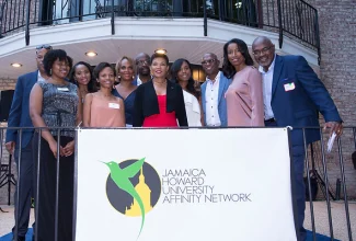 Jamaica’s Ambassador to the United States, Her Excellency Audrey P. Marks (centre), with members of the Jamaican Howard University Affinity Network (JHUAN) 2022  ‘HUes of Blue’ planning Committee.