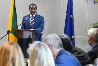 Minister of State in the Ministry of Foreign Affairs and Foreign Trade, Hon. Alando Terrelonge, addresses the opening session of the seventh Jamaica/EU Political Dialogue, held at the Ministry in downtown Kingston, today (October 9).