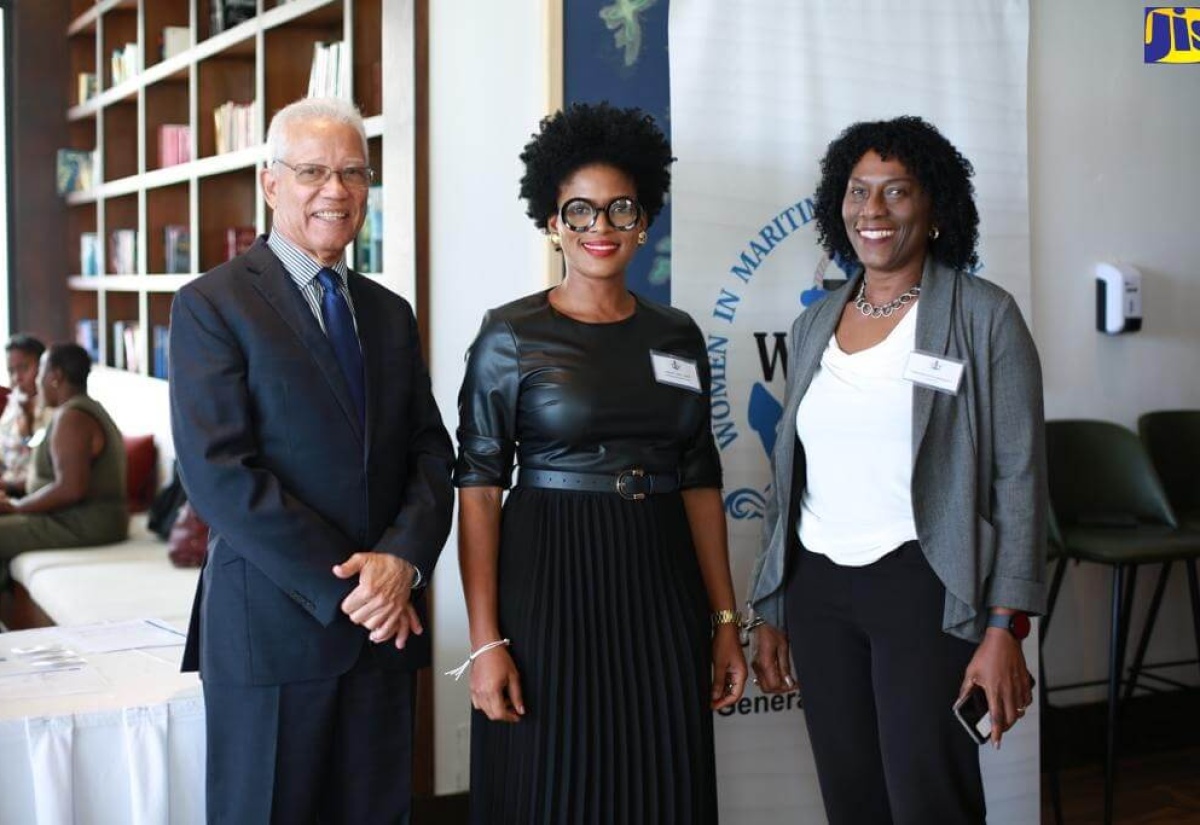 Director General of the Maritime Authority of Jamaica (MAJ), Rear Admiral Peter Brady (left), shares a moment with President of the Women in Maritime Association Caribbean (WiMAC), Tamara Lowe-James (centre) and Superintendent of Pilotage at the Port Authority of Jamaica, Dr. Hortense Ross-Innerarity, at the Regional Conference and sixth Annual General Meeting of WiMAC, which is being held from October 3 to 5 at the Ocean Coral Spring Resort in Trelawny.

