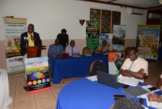  Minister of State in the Ministry of Agriculture, Fisheries and Mining, Hon. Franklin Witter (at podium), addresses a Public Health Inspectors Sensitisation Session at Hibiscus Lodge in Ocho Rios, St. Ann, on Tuesday (October 24).