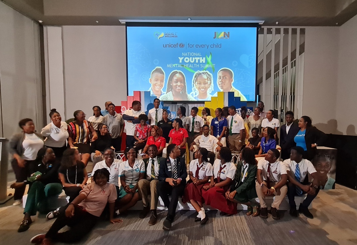 Students and members of youth-led organisations gather for a family photo at the end of day one of the National Youth Mental Health Summit. UNICEF collaborated with the Ministry of Health and Wellness and the Jamaica Youth Advocacy Network (JYAN) to give young people a platform to present their recommendations for improved mental health services to policy makers.

