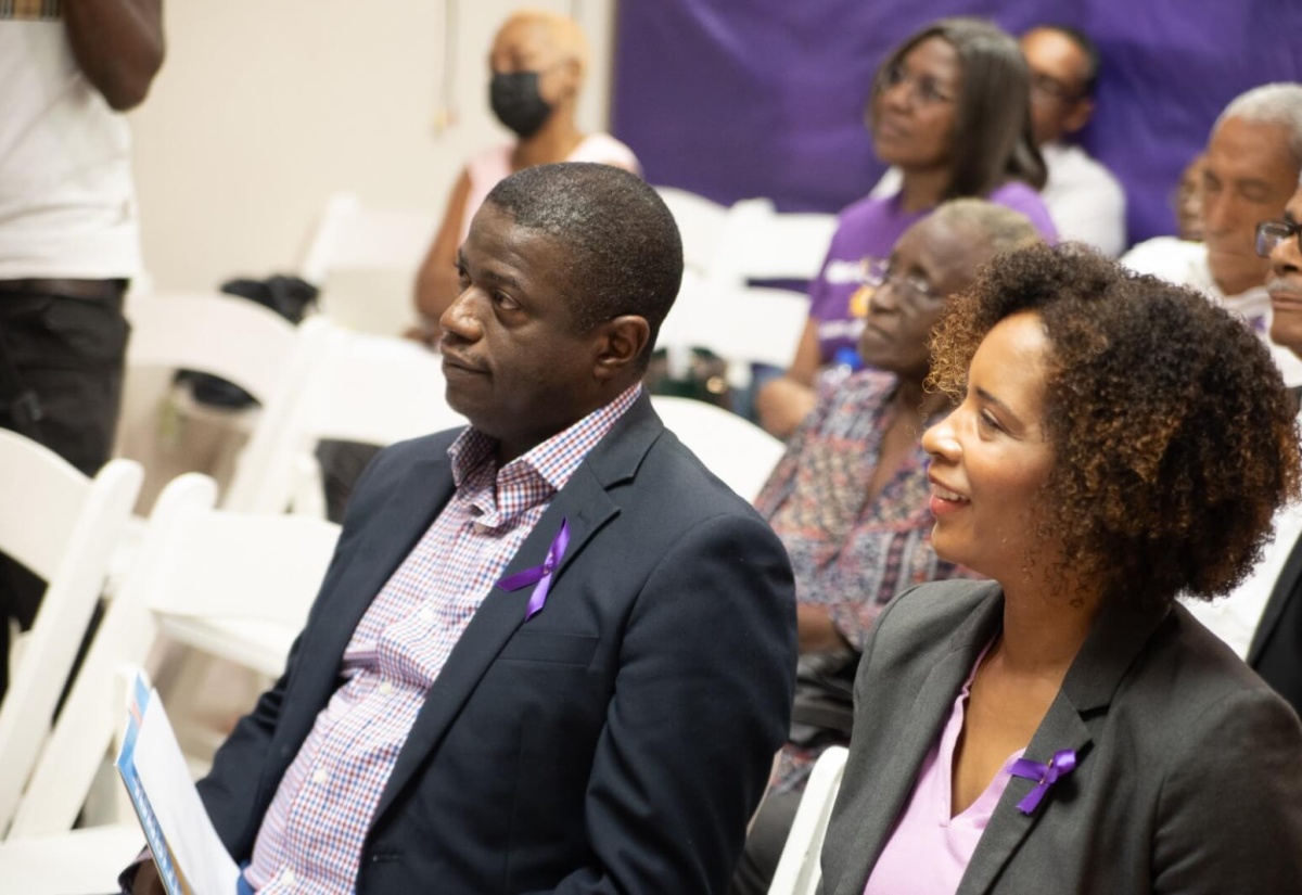 Chief Executive Officer of the National Health Fund (NHF), Everton Anderson (left), and President of the Lupus Foundation of Jamaica (LFJ), Dr. Desiree Tulloch-Reid (right), at the launch of Lupus Awareness Month, held on October 4 at the LFJ Learning and Help Centre in New Kingston.