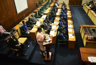 Speaker of the House of Representatives, the Most Hon. Juliet Holness, speaks during the 14th sitting of the National Youth Parliament of Jamaica at Gordon House in downtown Kingston on Monday (November 27). It was held under the theme ‘The Year of Youth: Trending for a Sustainable Future’.

