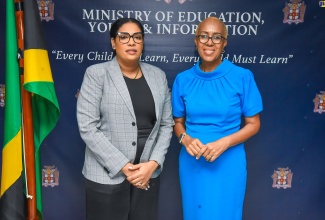 Minister of Education and Youth, Hon. Fayval Williams (right), shares a photo opportunity with President-elect of the Jamaica Independent Schools Association (JISA), Tamar McKenzie, who paid a courtesy call on the Minister at her National Heroes Circle offices on November 14.

