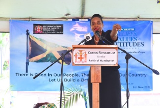 Minister of State in the Ministry of Education and Youth, Hon. Marsha Smith, delivers the keynote address during Tuesday’s (November 21) launch of Values and Attitudes Awareness Day, at Cecil Charlton Park in Mandeville, Manchester.

