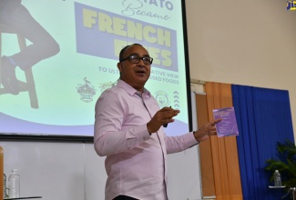 Minister of Health and Wellness, Dr. the Hon. Christopher Tufton, addresses a recent public health lecture at the University of Technology (UTech), titled ‘When Potato Became French Fries: An Alternative View to Ultra-Processed Foods’.

