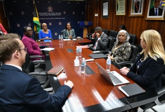 Minister of Education and Youth, Hon. Fayval Williams (third left) and Permanent Secretary in the Ministry, Dr. Kasan Troupe (fourth left), lead a meeting with representatives from City & Guilds, who visited the Ministry’s Heroes Circle offices on November 29.

 