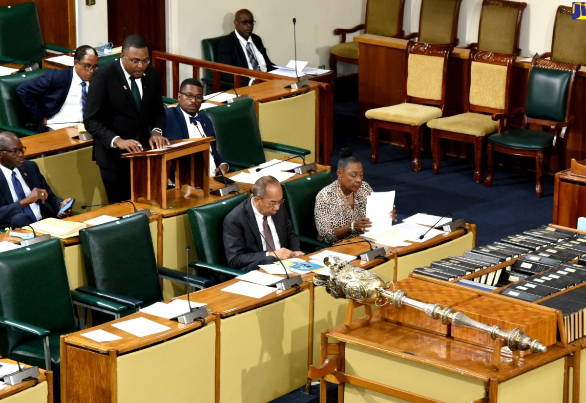 Minister without Portfolio in the Office of the Prime Minister with responsibility for Information, and Clarendon North Central Member of Parliament, Hon. Robert Morgan (standing), makes his contribution to the 2023/24 State of the Constituency Debate in the House of Representatives on Tuesday (November 28).

