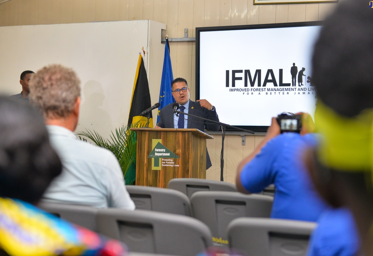 Minister without Portfolio in the Ministry of Economic Growth and Job Creation, Senator the Hon. Matthew Samuda, addresses the closing ceremony for the Improved Forest Management and Livelihoods for a Better Jamaica project on Friday (November 17) at the Forestry Department’s Constant Spring Road headquarters. The project aimed to promote the participation of civil society in the forestry sector, notably in forestry management and conservation.