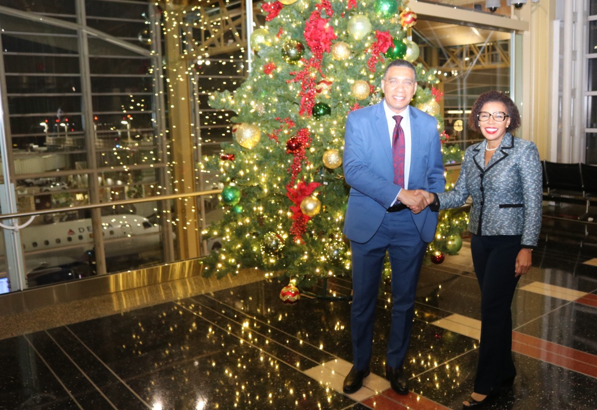 Prime Minister, the Most Hon. Andrew Holness is greeted by Ambassador to the United States (US), Her Excellency Audrey Marks, on arrival at the Ronald Reagan International Airport in Washington DC on Monday evening (December 4). The PM is on a four-day working visit to the US capital.

