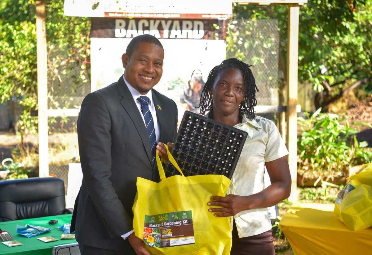 Minister of Agriculture, Fisheries and Mining, Hon. Floyd Green (left), presents a backyard gardening kit to Corporate Area resident Arlene Nelson, at the Rural Agricultural Development Authority (RADA) St. Andrew Parish Office on Monday (December 18). The Ministry, in collaboration with RADA, is continuing the ‘Backyard Garden Kit’ initiative with the aim to assist residents in urban and peri-urban areas to grow vegetables and herbs in small spaces or their backyards.

