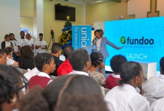 Minister without portfolio in the Office of the Prime Minister with responsibility for Skills and Digital Transformation, Senator Dr. the Hon. Dana Morris Dixon, delivers the keynote address during Wednesday’s (December 6) launch of FunDoo at the National Commercial Bank (NCB) Wellness and Recreational Centre in Kingston.

