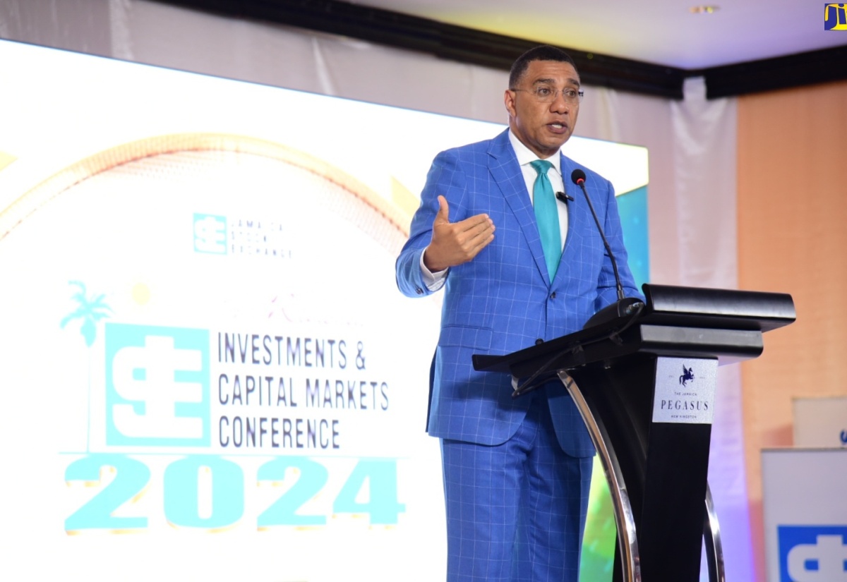 Prime Minister, the Most Hon. Andrew Holness, delivers the keynote address during the 19th Jamaica Stock Exchange Regional Investment and Capital Markets Conference at The Jamaica Pegasus hotel in New Kingston recently.

