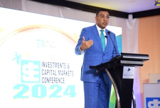 Prime Minister, the Most Hon. Andrew Holness, delivers the keynote address during the 19th Jamaica Stock Exchange Regional Investment and Capital Markets Conference at The Jamaica Pegasus hotel in New Kingston recently.

