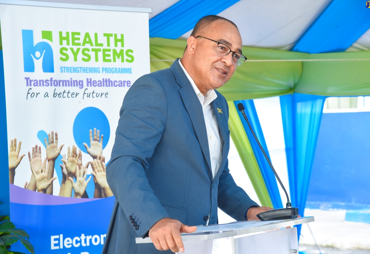 Minister of Health and Wellness, Dr. the Hon. Christopher Tufton, delivers the keynote address at the implementation of the multibillion-dollar Electronic Health Records (EHR) System for public health facilities, at the May Pen Hospital in Clarendon today (January 11).