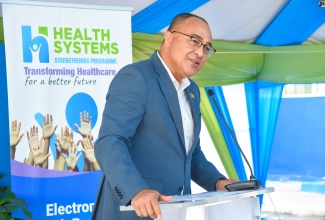 Minister of Health and Wellness, Dr. the Hon. Christopher Tufton, delivers the keynote address at the implementation of the multibillion-dollar Electronic Health Records (EHR) System for public health facilities, at the May Pen Hospital in Clarendon today (January 11).