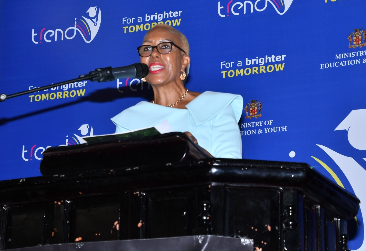 Minister of Education and Youth, Hon Fayval Williams, addresses the Transforming Education for National Development (TREND) School Pop-up series at Anchovy High School in St. James on Friday (January 19).