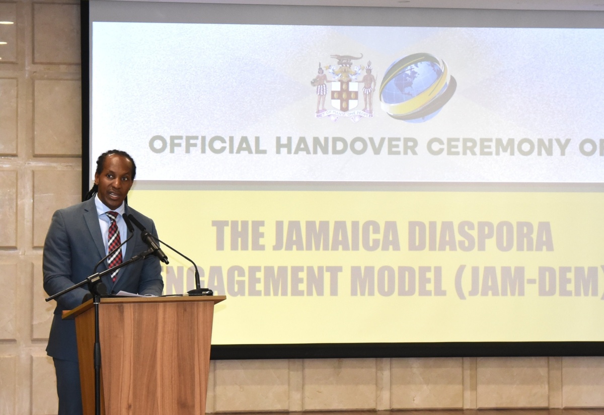 Minister of State in the Ministry of Foreign Affairs and Foreign Trade, Hon. Alando Terrelonge, addresses today’s (January 30), ceremony for the handover of the Jamaica Diaspora Engagement Model (JAM-DEM) portal, at the Ministry’s offices, downtown Kingston.


