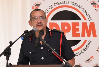 Jamaica Fire Brigade (JFB) Assistant Commissioner, Alrick Hacker, addresses Tuesday’s (January 16) Earthquake Awareness Month Press Launch at the Terra Nova All-Suite Hotel in Kingston.