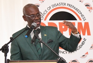 Minister of Local Government and Community Development, Hon. Desmond McKenzie, delivers the keynote address during Tuesday’s (January 16) Earthquake Awareness Month Press Launch, held at Terra Nova All-Suite Hotel in Kingston.  
