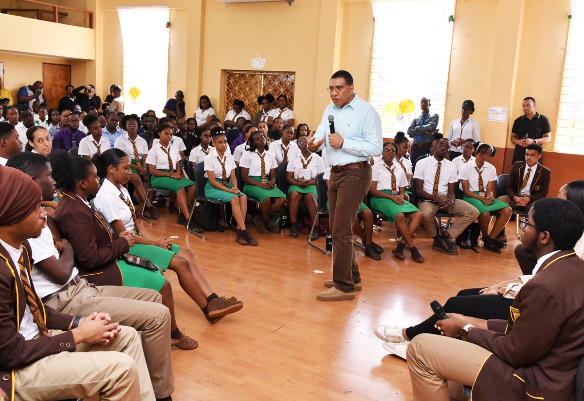Prime Minister, the Most Hon. Andrew Holness, addresses sixth-form students and their teachers during his visit to Manchester High School in Mandeville, on Friday, January 12.

