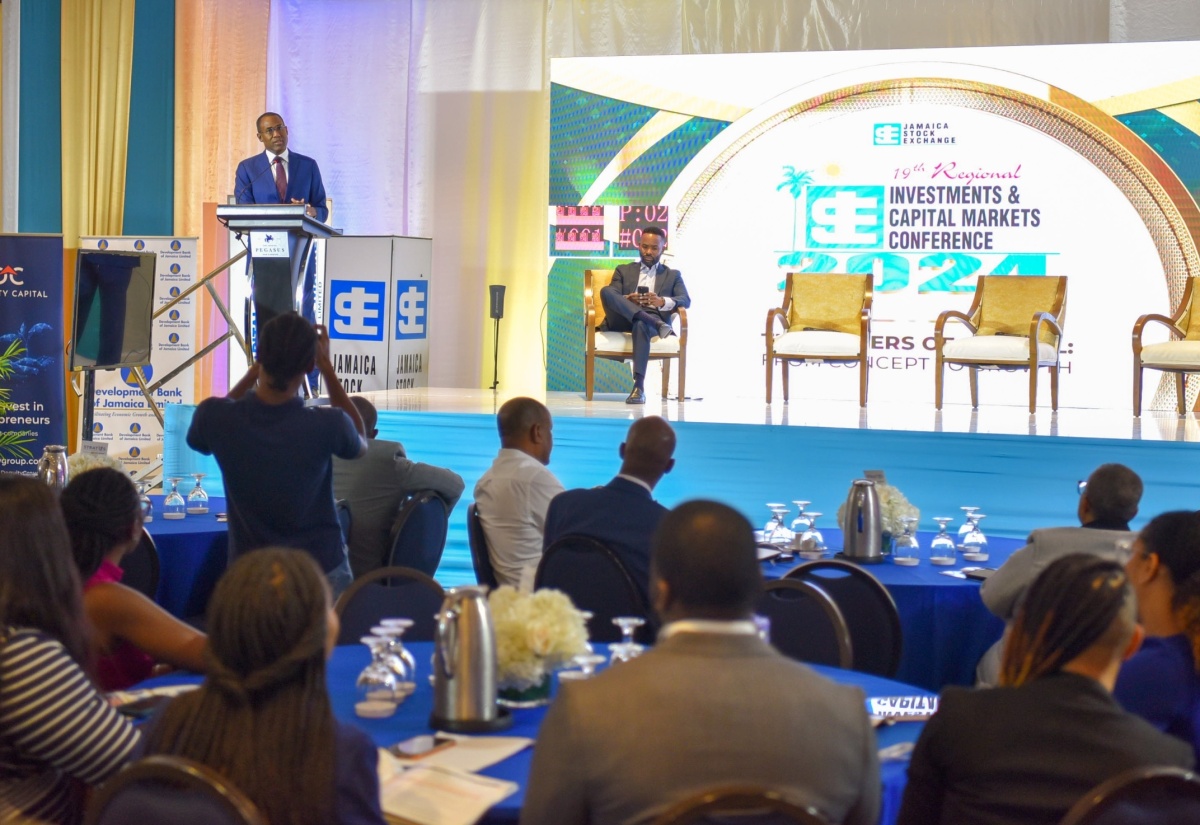 Minister of Finance and the Public Service, Dr. the Hon. Nigel Clarke, addressing the Jamaica Stock Exchange (JSE) 19th Regional Investment and Capital Markets Conference at The Jamaica Pegasus hotel in New Kingston recently.

