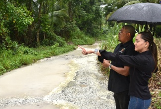 Minister of Agriculture, Fisheries and Mining, Hon. Floyd Green (left) and Portland Eastern Member of Parliament, Ann-Marie Vaz, observe flood damage from heavy rainfall in sections of the constituency during a tour on January 3.