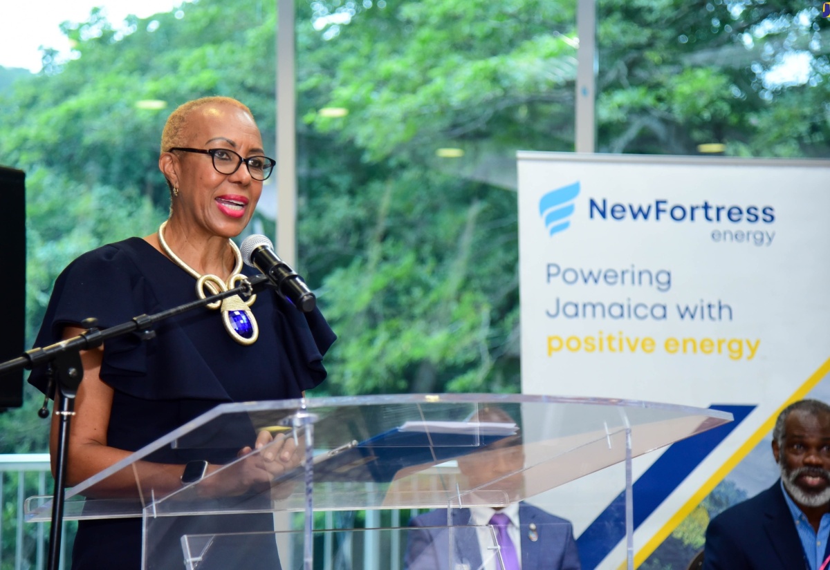 Education and Youth Minister, Hon. Fayval Williams, addresses New Fortress Energy’s seventh annual tertiary scholarship awards ceremony on Tuesday (February 13) at the University of the West Indies (UWI) Regional Headquarters in St. Andrew.  

