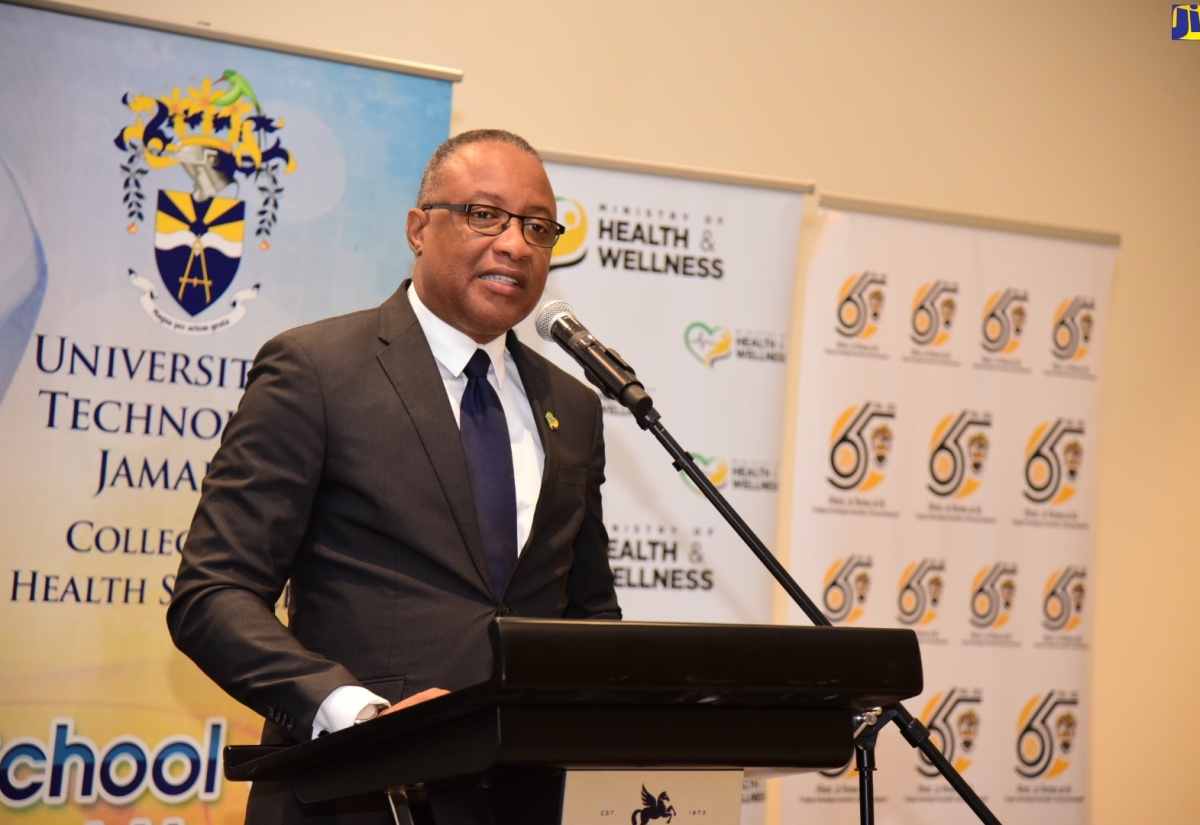Permanent Secretary in the Ministry of Health and Wellness, Dunstan Bryan, delivers the keynote address during Friday’s (February 23) graduation ceremony for 39 public health officers who received professional certification in Healthcare Administration and Leadership from the University of Technology (UTech). The ceremony was held at the Jamaica Pegasus Hotel in New Kingston

