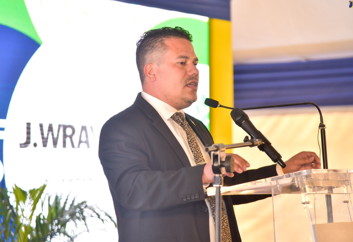 Minister without Portfolio in the Ministry of Economic Growth and Job Creation, Senator the Hon. Matthew Samuda, addresses the ceremony for the commissioning of a Column Still and tour of a Dunder Treatment Plant at the New Yarmouth Distillery, New Yarmouth, Clarendon, on Friday (February 9).