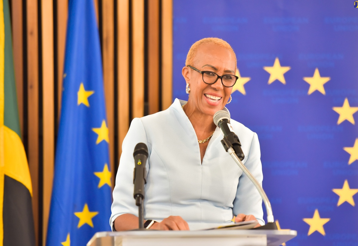 Minister of Education and Youth, Hon. Fayval Williams, delivers remarks during Wednesday’s (January 31) European Union (EU)-Jamaica 5K and 10K Run media launch at the EU Delegation Office in Kingston.


